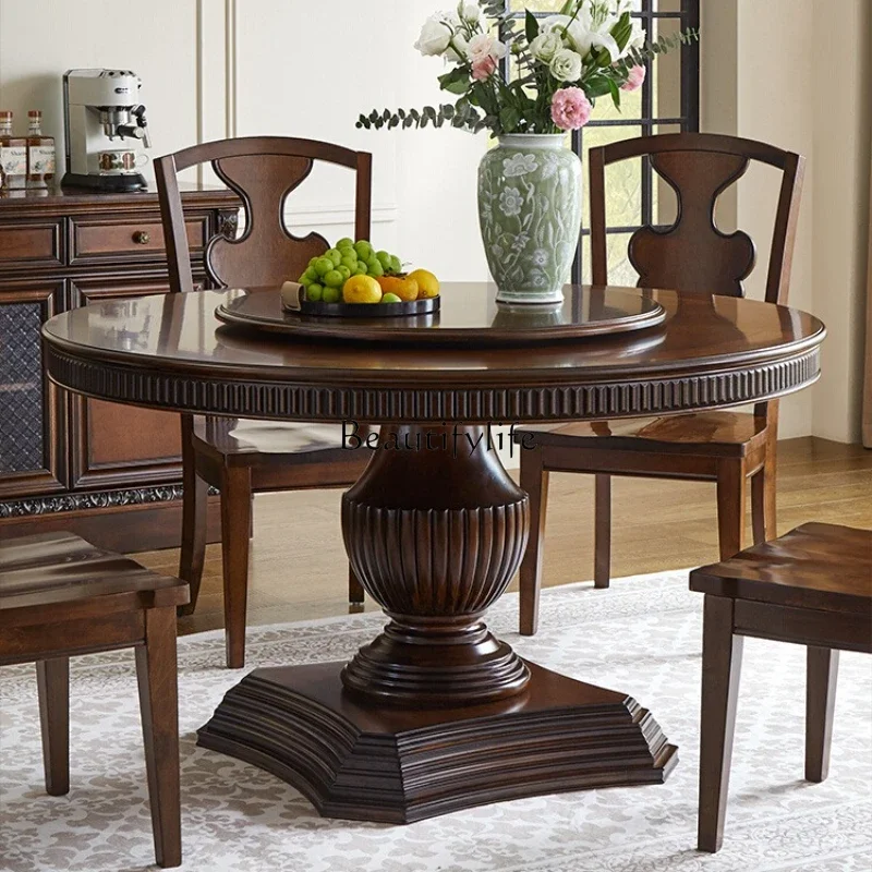 

yj9 American-style Solid Wood Villa Round Table Dining Furniture Carved Round Table
