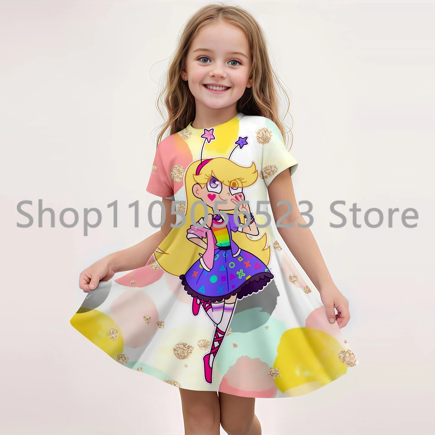 

2025 Summer New Children's Clothing 3D Printed Star Butterfly Short-Sleeved Dress 7-13 Years Kids Princess Performance Clothing