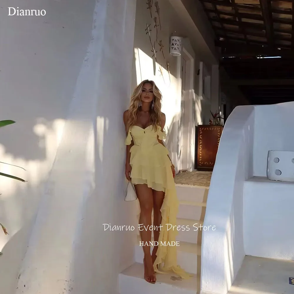 

Dianruo Elegant Chiffon Prom Dresses Mini Length Asymmetric Women Summer Party Off The Shoulder Ruffled Party Gowns Customized