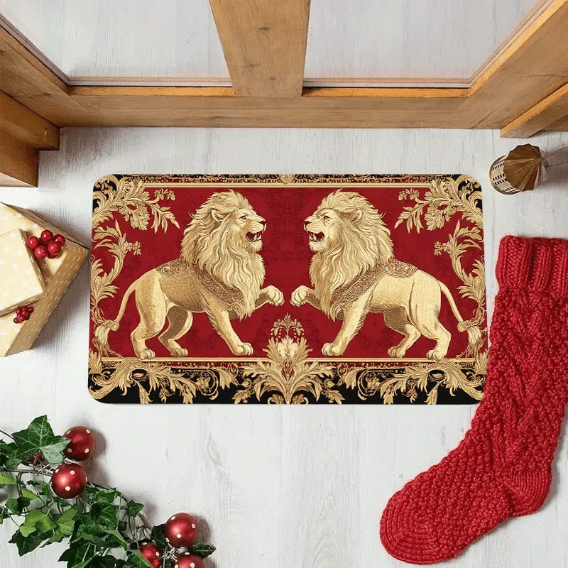 1pc Modern Printed Mat with Twin Lions Red Golden Intricate Floral Border Home Holiday Gifts Festive Room Style Best for Decor