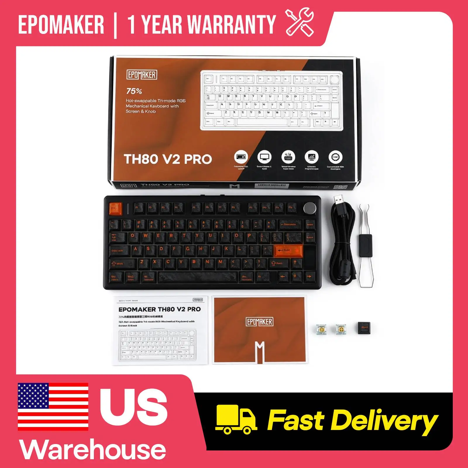 EPOMAKER TH80 V2 PRO 75% ANSI US QWERTY Layout Gasket-Mounted Wired/Bluetooth/2.4Ghz Wireless Mechanical Keyboard