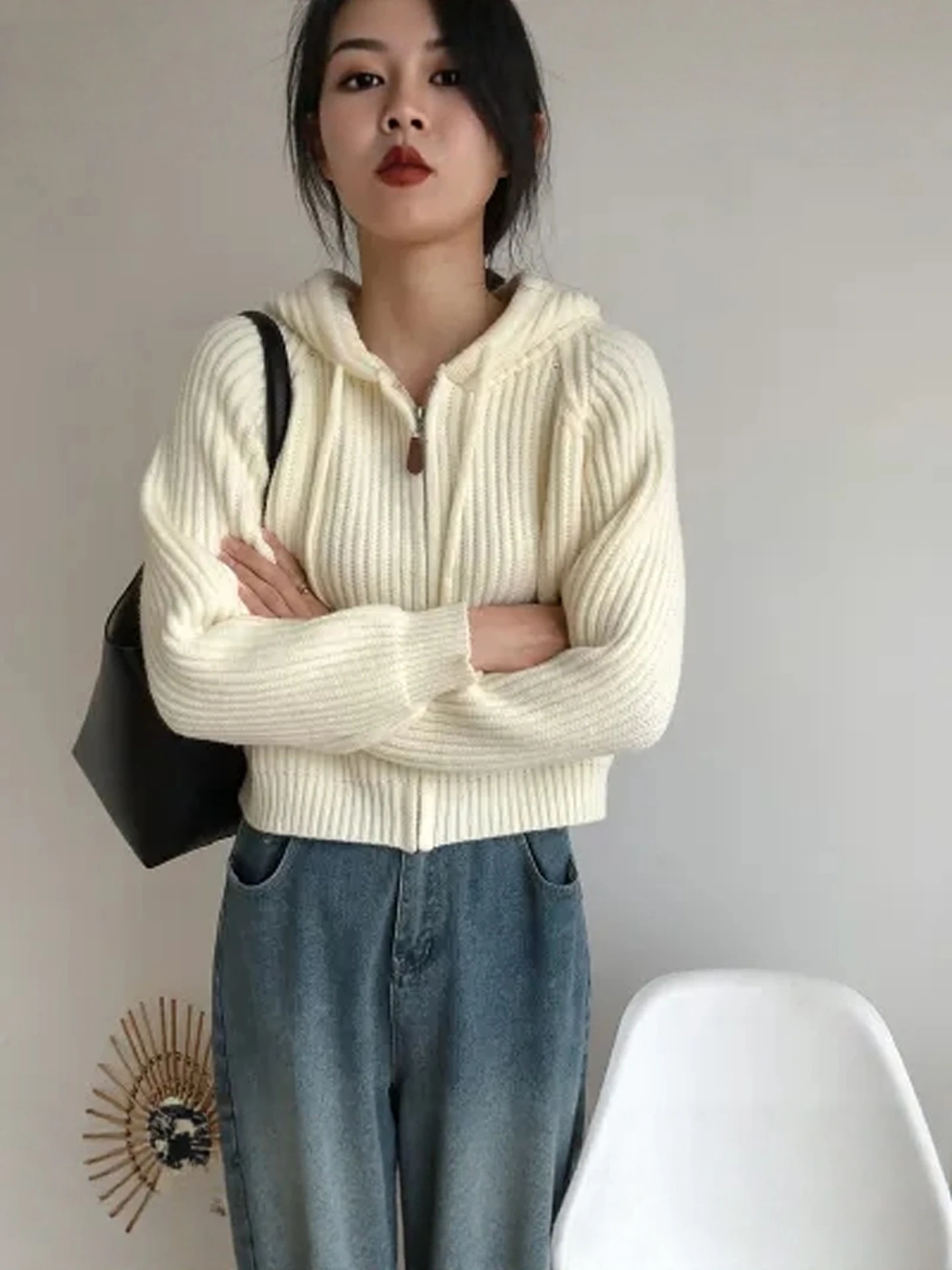 Retro Zipper Hooded Long Sleeve Short Knitted Sweater Chic Autumn Winter Women's Fashion Korean Style Loose Fit Warm Outerwear