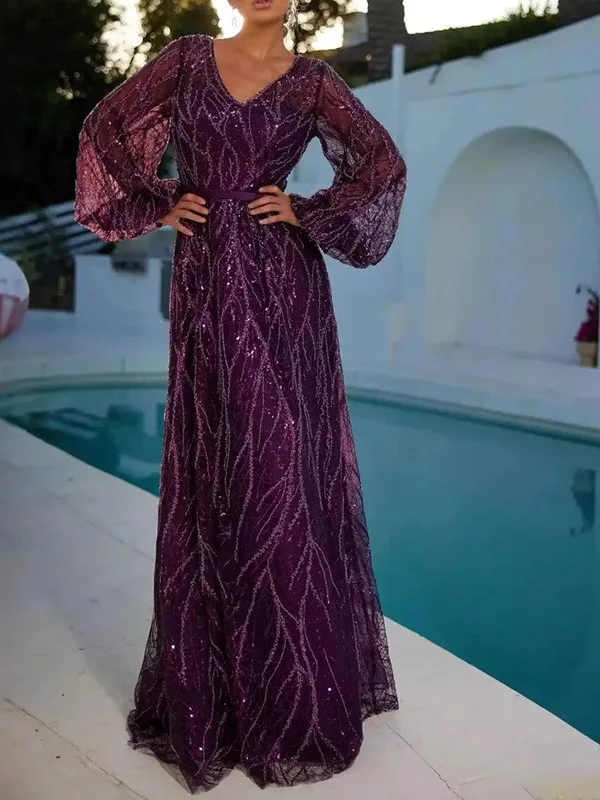 

Длинное женское платье с V-образным вырезом и пайетками, приталенное, А-силуэт, с рукавами-фонариками, на боковой молнии, для повседневной носки, из полиэстера