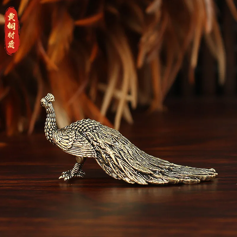 Brass Display Ornament Office Desk or Tea Table, Tail-Waving Peacock Figurine for and Micro-Landscape Deco