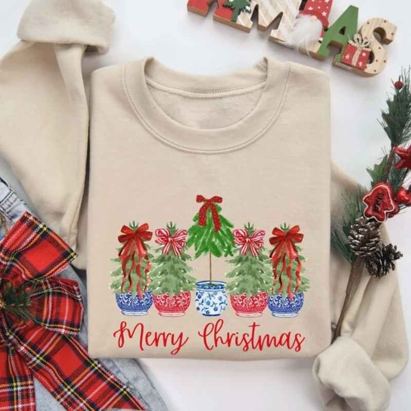 Christmas Sweatshirt Crewneck, Christmas Tree Holiday Sweaters for Women Casual Soft Comfortable Winter Outdoors Thermal Hoodie
