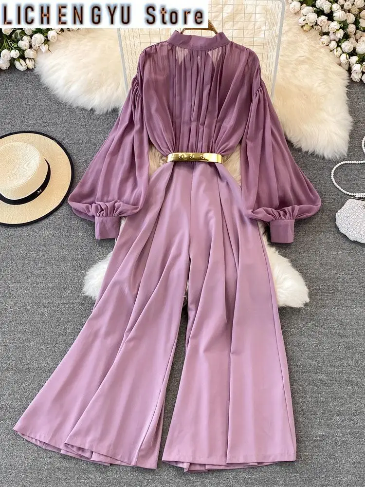 

Sweet Style Women Jumpsuits Pleated Stand Collar Lantern Sleeve Solid Color Wide Leg Jumpsuit Spring Summer New