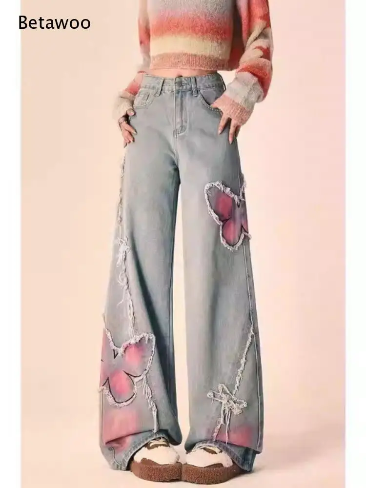 Ladies Vintage Washed Wide Leg Jeans Handmade Pink Butterfly Applique Fringe Decor High Waist Casual Baggy Denim Pants