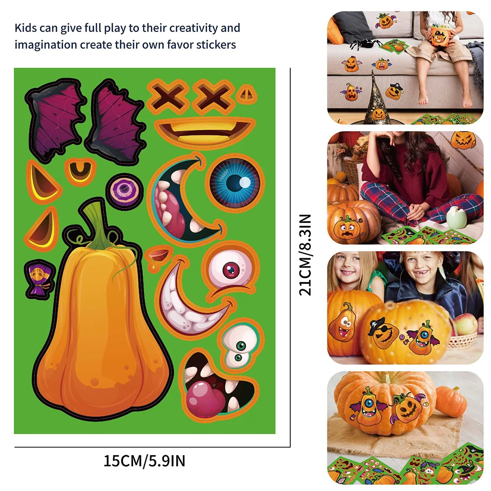 Halloween Cartoon Puzzle Adesivos para Crianças, Faça um Rosto, Abóbora Montar, Jogo Educativo, Brinquedo DIY, Presentes para Crianças, 8 Folhas, 16 Folhas