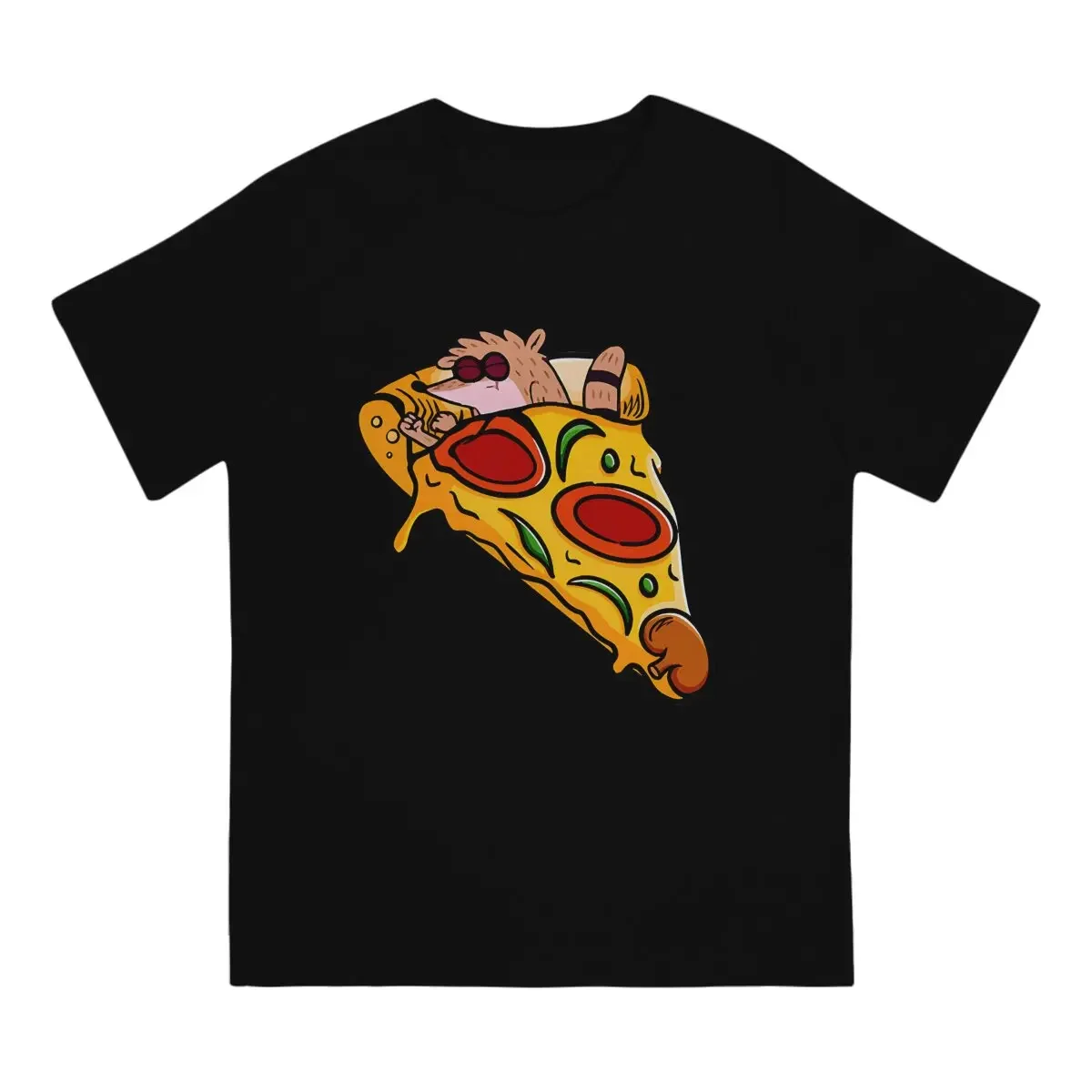 Vintage Rigby Sleeping In Pizza Fan Art T-Shirts for Men Crewneck Cotton T Shirts Regul Show Short Sleeve Tee Shirt Summer Tops