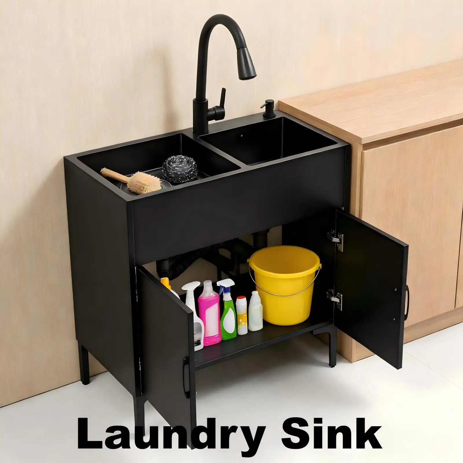 Küchenspüle, 75 x 41 cm, Wäschewaschbecken mit ausziehbarem Wasserhahn, Spüle mit Schrank, schwarze Diamant-Doppelrille + ausziehbarer Wasserhahn