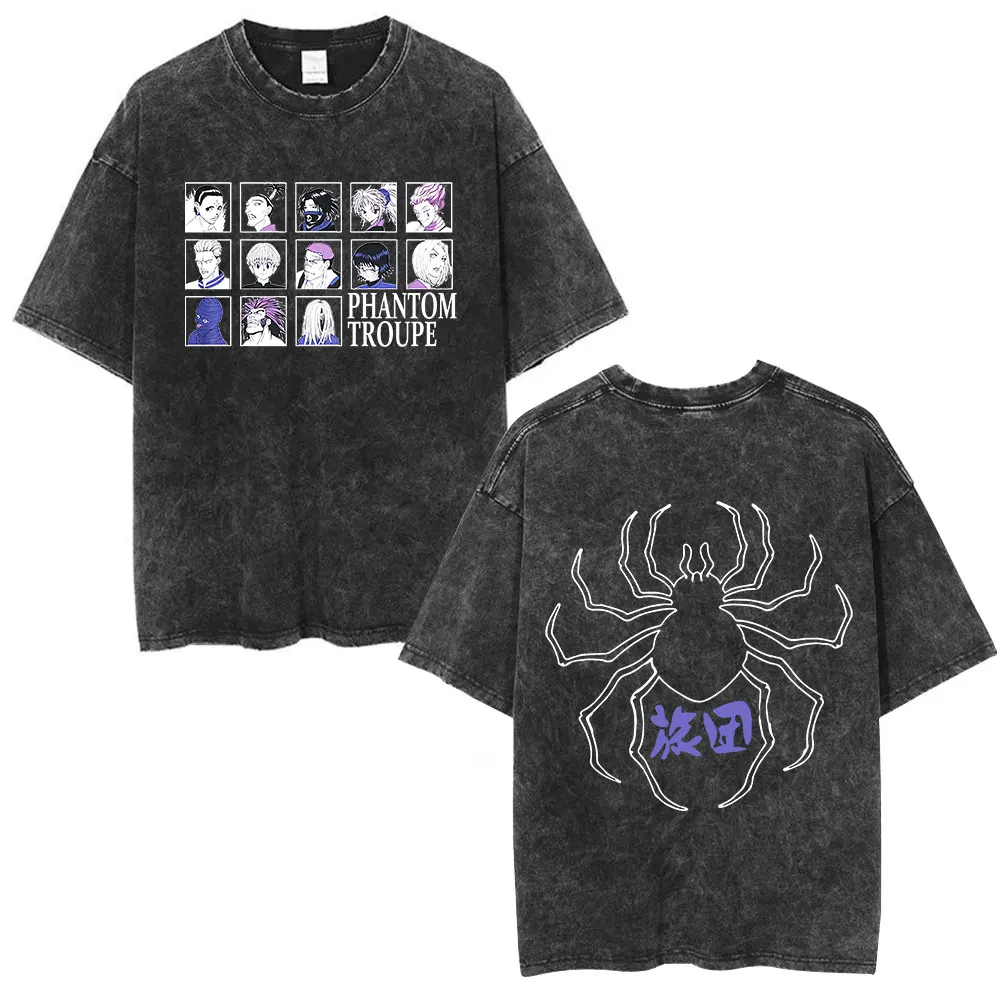 Camiseta Vintage lavada con imagen de Anime para hombre y mujer, camiseta de manga corta con estampado de Spider Phantom Troupe Hisoka Chrollo, verano