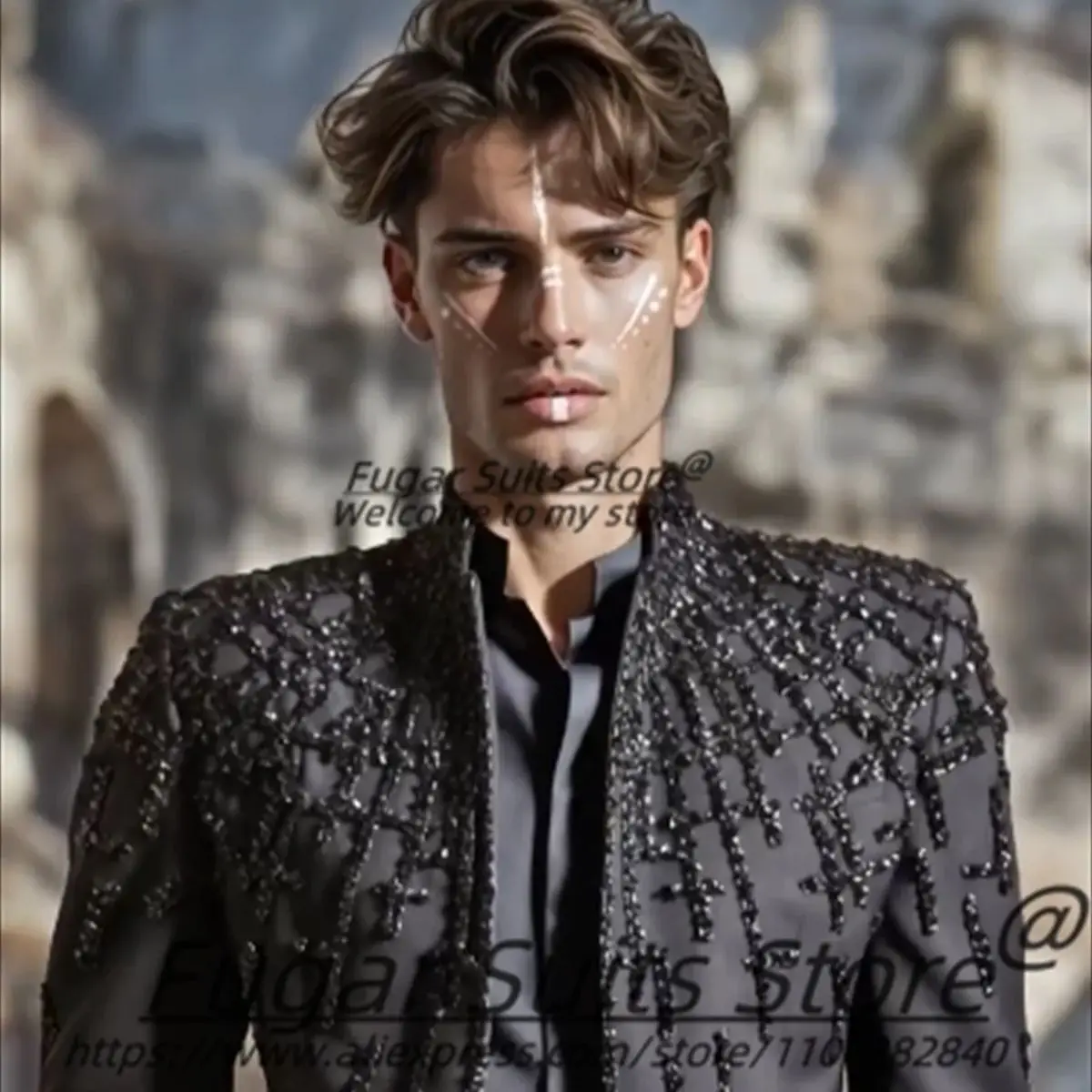 Gorgeous Bead Stand Collar Men Suits Customized Slim Fit Groom Wedding Tuxedos 2Pieces Sets Male Prom Blazers trajes para hombre