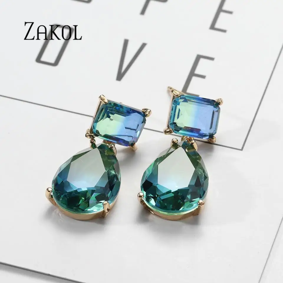 ZAKOL American Fashion Gradient Blue Green Personalized Creative Drop Shaped Earrings Ladies Dinner Party Jewelry