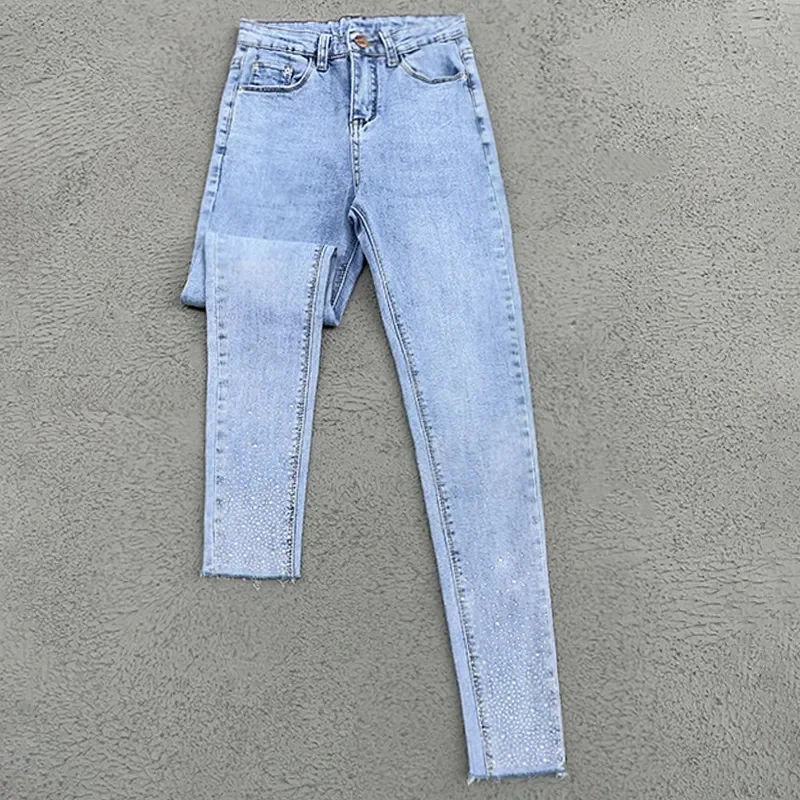 Spring Summer 2024 New Fashion Harem Denim Pants Female Rhinestones Korean Version High Waist Slim Elastic Jeans Pencil Pants