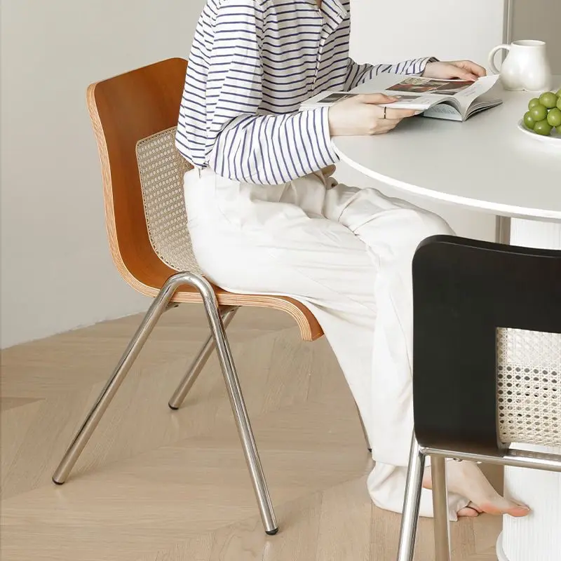 Home Restaurant Creative Rattan Backrest Dining Chair Living Room Bedroom Comfortable Stainless Steel Solid Wood Backrest Stool