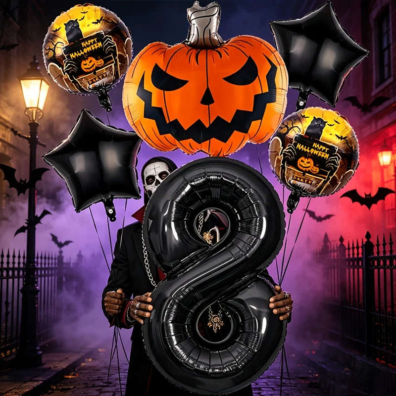 6pcs Set, 32-Inch Halloween Black Numbers 0-9 + Evil Pumpkin + Black Star Balloon Bouquet for Birthday Home Backdrop Party