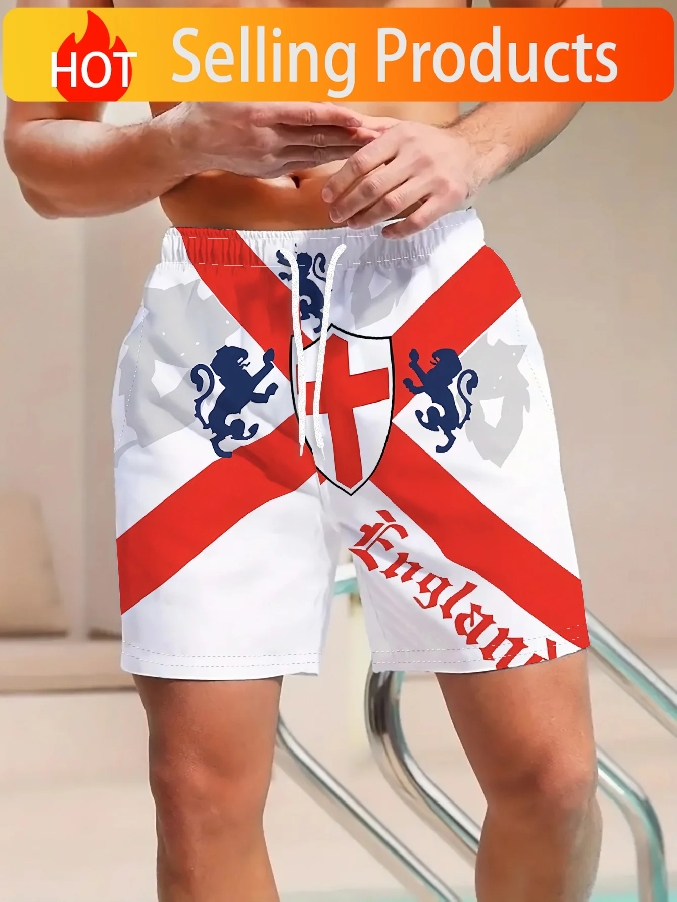 New Men'S Casual Shorts, St. George'S Base with Lion Pattern And English Lettering, Festive Party Commute All-Match, Fabric Mach