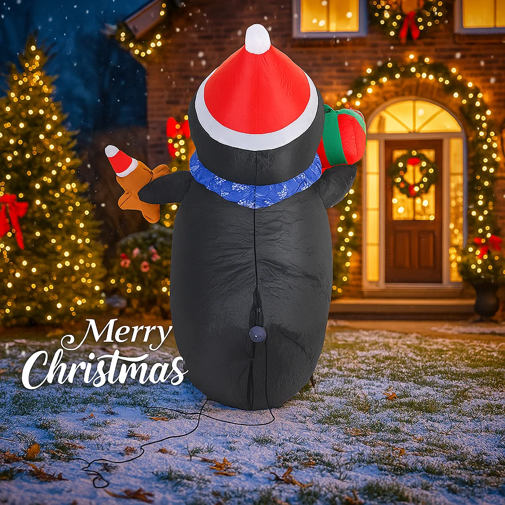 Giocattolo gonfiabile da 3,45 piedi Pinguino Gingerbread Man con luci a LED Decorazione per feste da giardino Decorazioni natalizie per la casa festive all'aperto