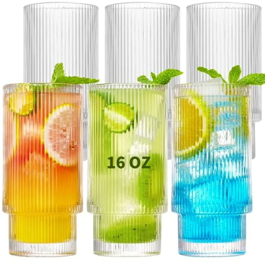 

6 Pack Ribbed Drinking Glasses, 16 oz Vintage Glass Cups, Highball Glasses, Premium Iced Coffee Glasses, Clear Glass Tumbler, C