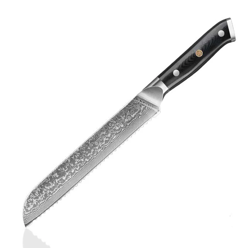 WILDMOK 8 Inch Japanese Bread Slicer Knife VG10 Damascus Steel Full Tang G10 Handle Serrated Edge for Bakery Cooking Gift