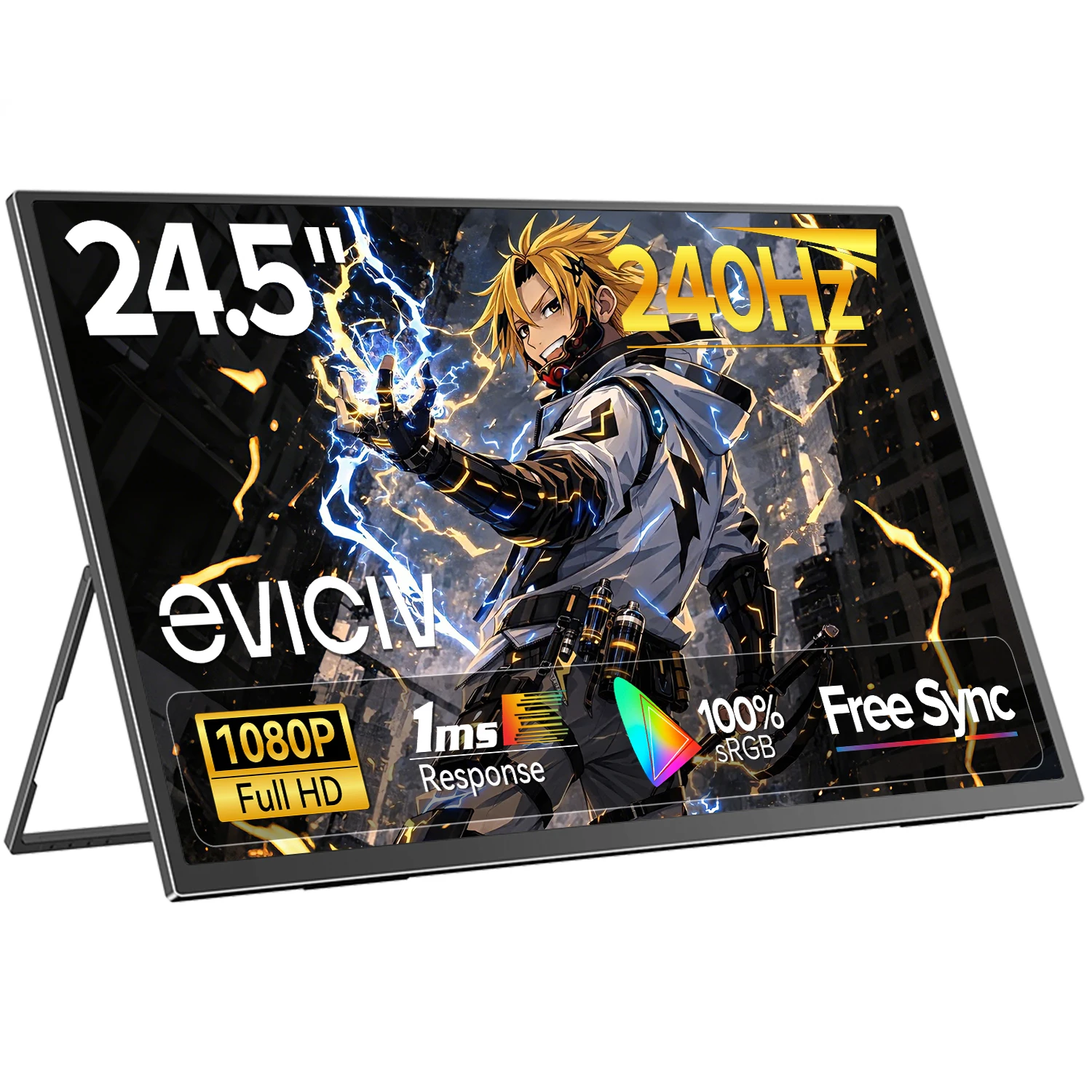 Image of Tragbarer Monitor EVICIV 240HZ 24,5 "1920 * 1080 105% sRGB HDMI USB-C Großer Reisebildschirm 460Nits für Laptop Integrierter Support und zweiter Montagebildschirm VESA für MacBook PC Telefon PS5 Xbox