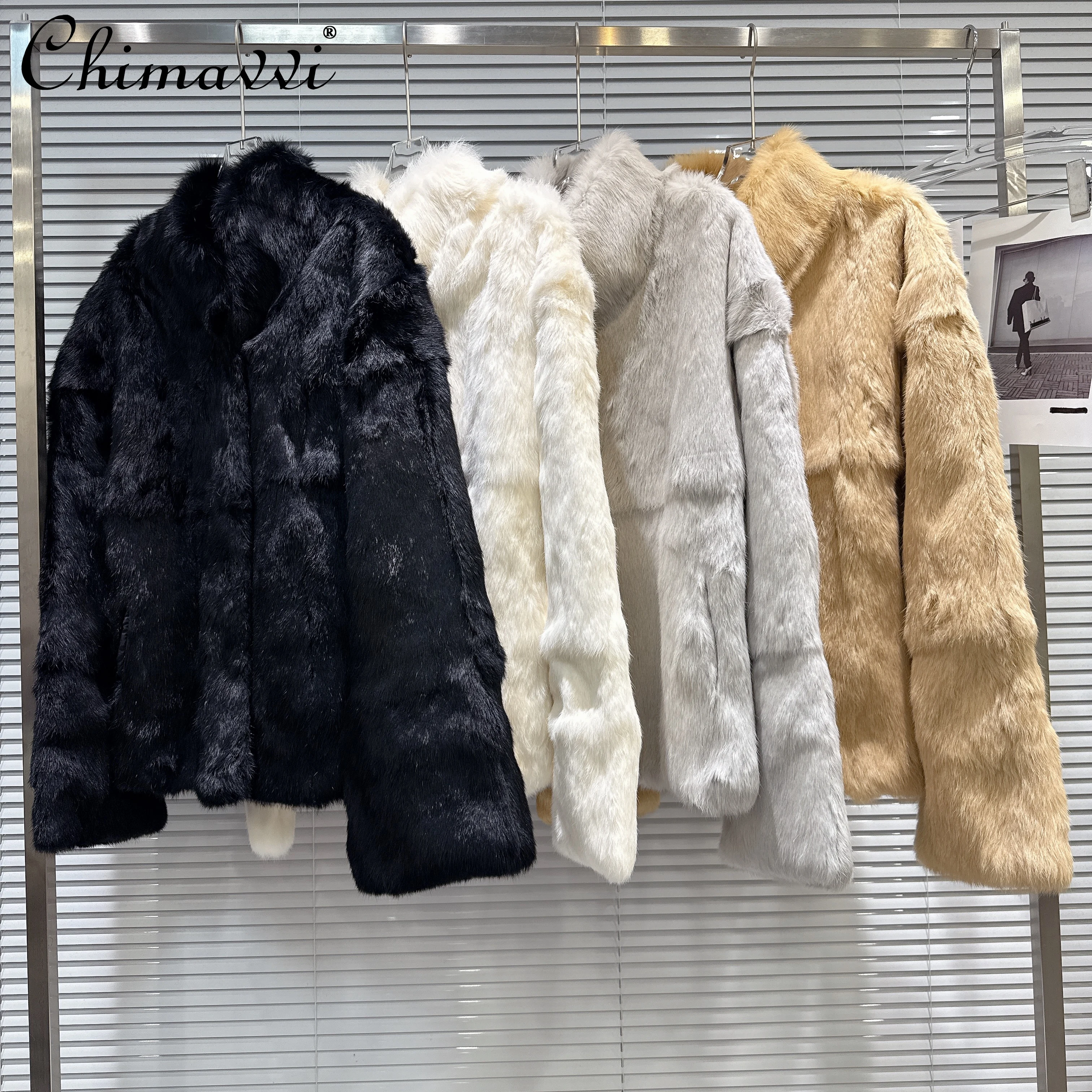 

2025 зимние элегантные светские пальто из искусственного меха кролика с воротником-стойкой и длинными рукавами, свободные модные повседневные теплые куртки для женщин