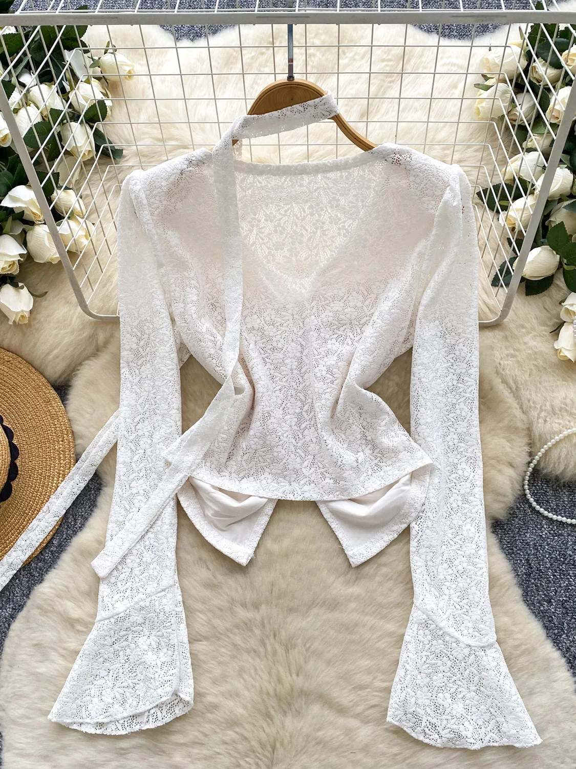 

Ele Embroidered Lace Sve irt Women's Faionable Tea Break Design Summer Long Sve V-Ne Polyester Fiber Blouse