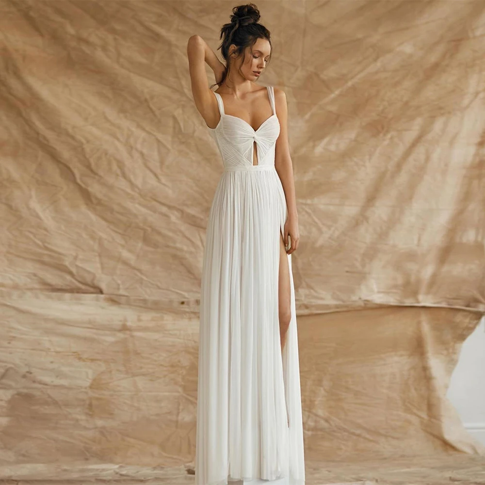 Boho Bohemian Hall Wedding Dresses Chiffon A-line Wedding Party Dresses Ivory Sweetheart Pleat Hollow Side Split Prom Dress Long