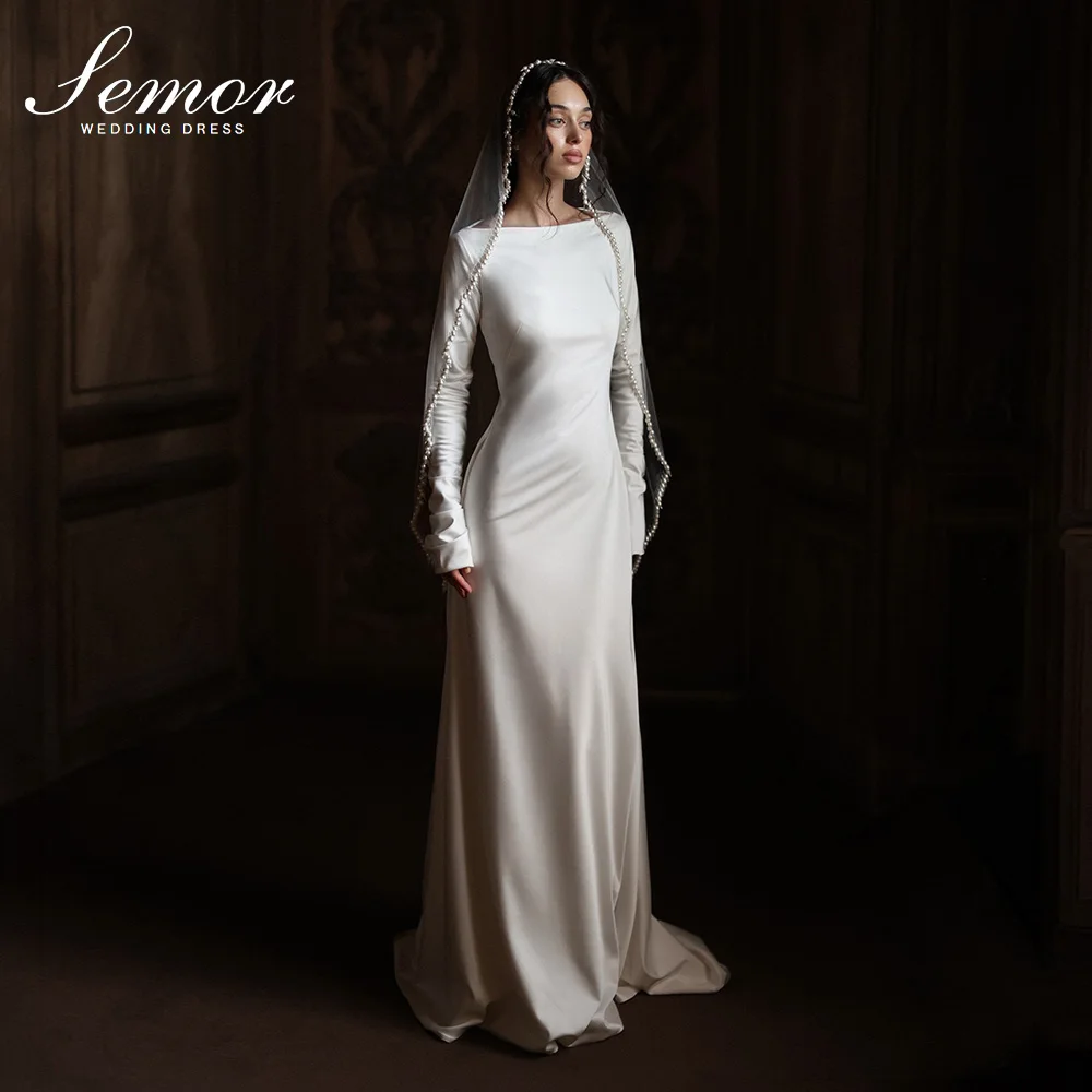 Semor Customized White Minimalist Bateau Neck Wedding Dress Fitted Long Sleeves Vestidos De Noche Sweep Train Robe De Mariée