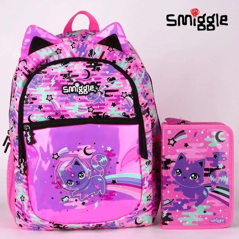 

Натуральный Австралийский Smiggle, розовый вместительный рюкзак с космическим котом, кошелек, коробка для завтрака, сумка для ланча, бутылка для воды, канцелярские принадлежности, подарок для студентов