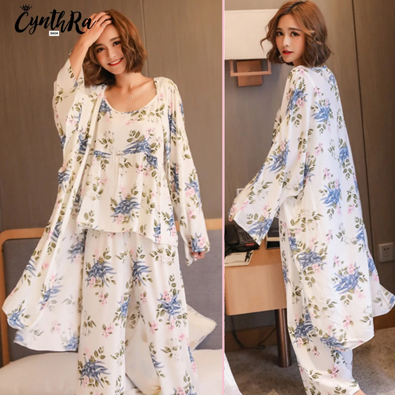 CYNTHRA Pajama Sleepwear Set Ladies Man -made Silk Nightclothes Long Sleeve 3pcs Women Breathable Homewear Top Sexy Nightwear