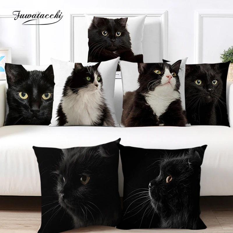 Fuwatacchi Black Cat Pillow Case Cartoon Funny Picture Print Cushion Cover For Children's Room Cat Coffee Decorative Pillowcases