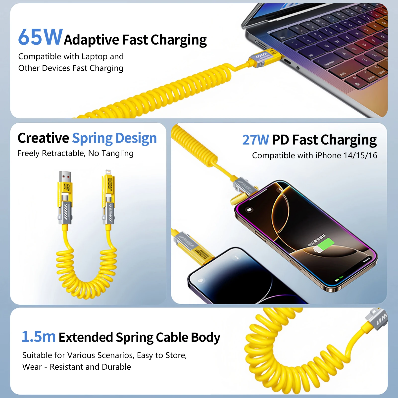 كابل USB ملفوف 4 في 1، سلك شاحن قابل للسحب بقدرة 65 وات ومزامنة البيانات، سلك شحن سريع لهاتف iPhone 17/16، iPad، Samsung Galaxy S24
