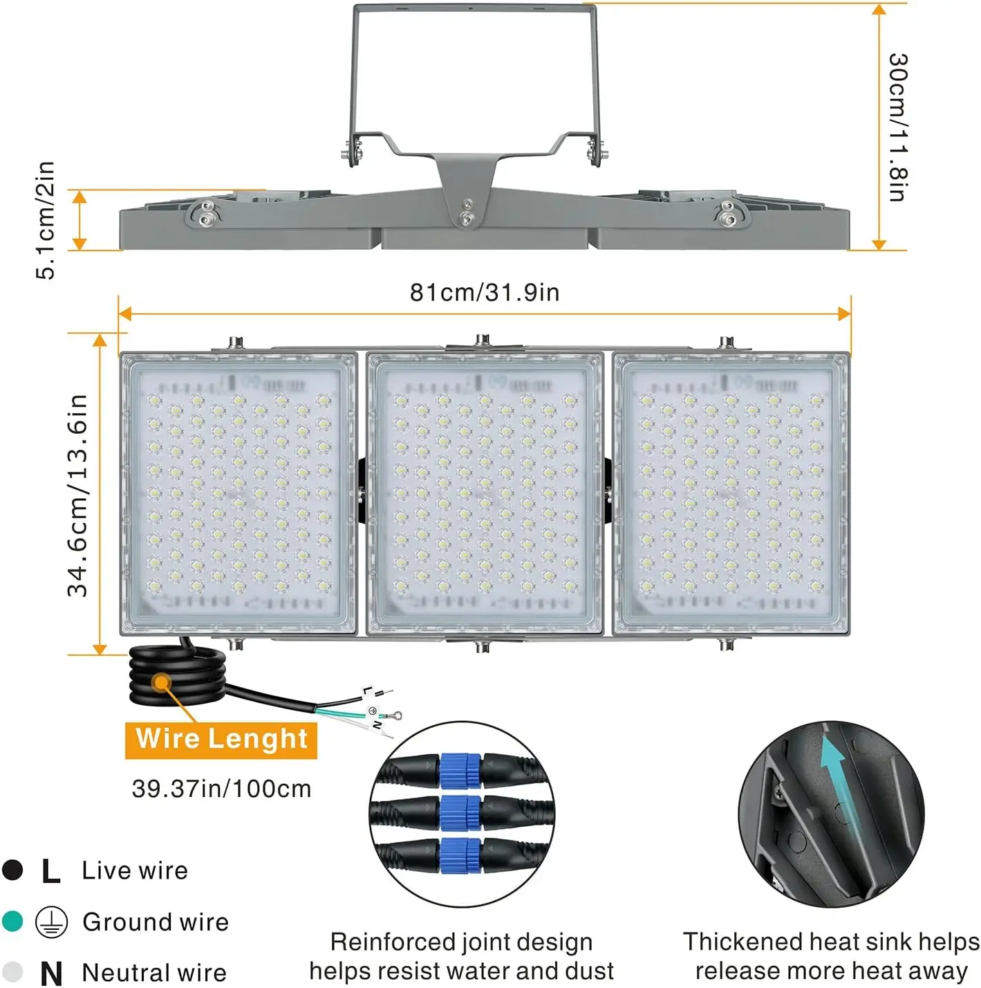 STASUN-Luz LED de inundación para exteriores, iluminación de 450W, 40500LM, con ángulo de iluminación más amplio de 330 °, 5000K, 3 cabezales ajustables, IP66