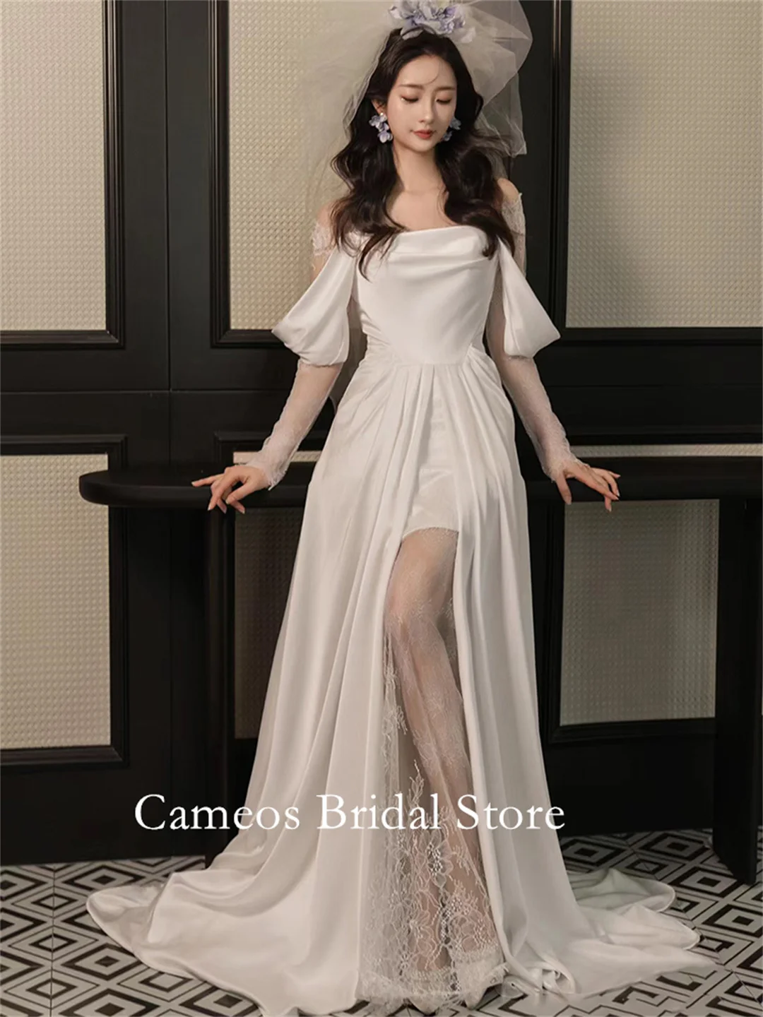 

SONDR Fashion Korea A-Line Wedding Dresses Photo Shoot VINTAGE Sweep Train Off-Shoulder Elegant Satin Ivory Custom Bridal Gown