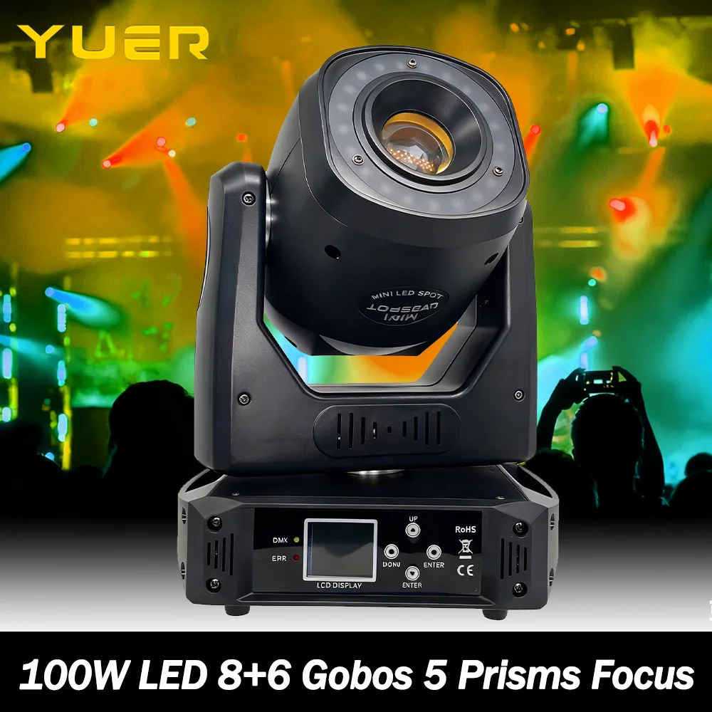 

100W LED Gobo Moving head light with ring Focus effect 8+6 Gobos 5 Prisms 7 Color DMX512 for DJ Disco party wedding bar club
