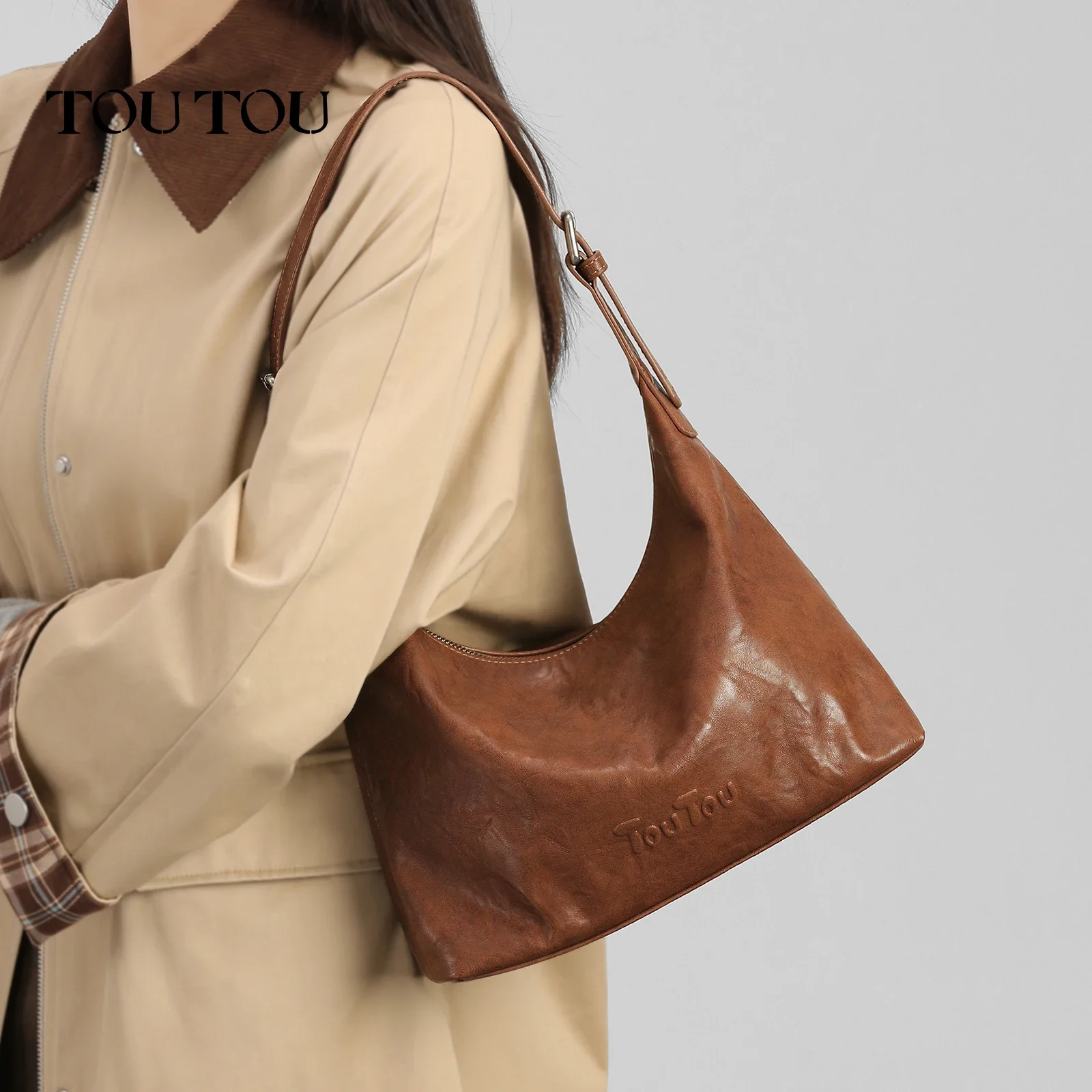 

TOUTOU Large Capacity Tote Bag for Women Vintage Brown Black PU Leather Underarm Handbag Original Designer Brand Valentine Gift