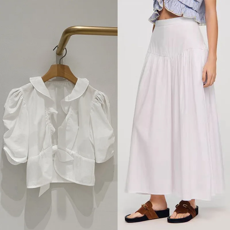 

Весенне-летний женский комплект из хлопковой смеси: топ с воротником-лотосом и пышными рукавами + элегантная юбка макси с высокой талией, повседневный костюм