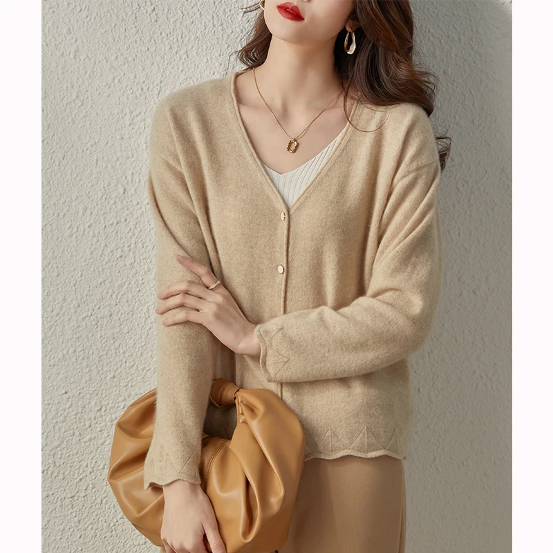 High-end Fashion Women V-neck Cardigan 100% Cashmere Sweater Spring Autumn Long Sleeve Soft Office Lady Basic Knitwear Tops