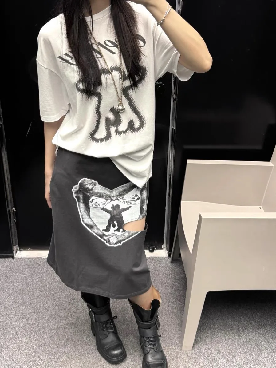 

Open Yy Trendy Heart Print Asymmetrical Cutout Belted Slim Fit Midi Skirt Korean Style High Waist Cartoon Pattern Half-length