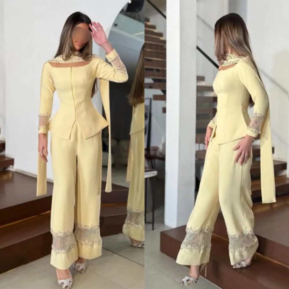 

High Quality Customized Ankle Length Yellow Lace Strapless Full Sleeves Vestidos De Noche Elegantes Robe Pour Mariage Invité