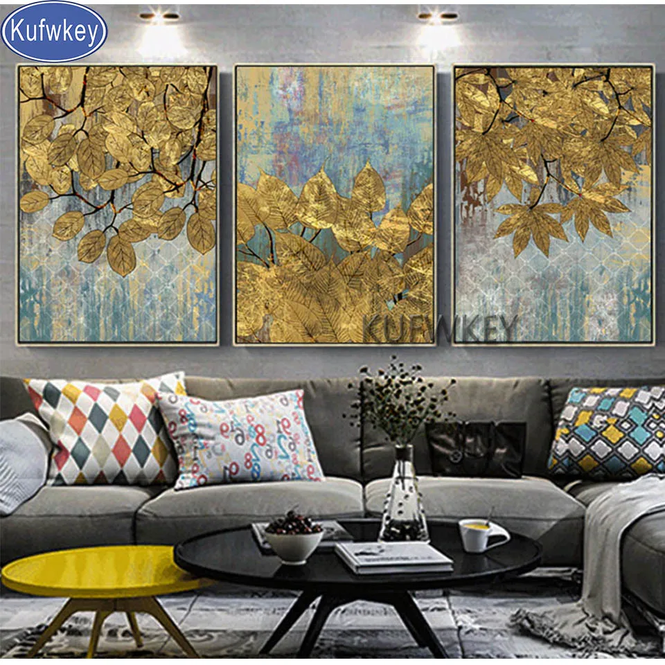 

Contemporary Art Golden Tree Leaf diamond embroidery 3 Piece 5d diy handcraft diamond painting full square mosaic set Triptych,