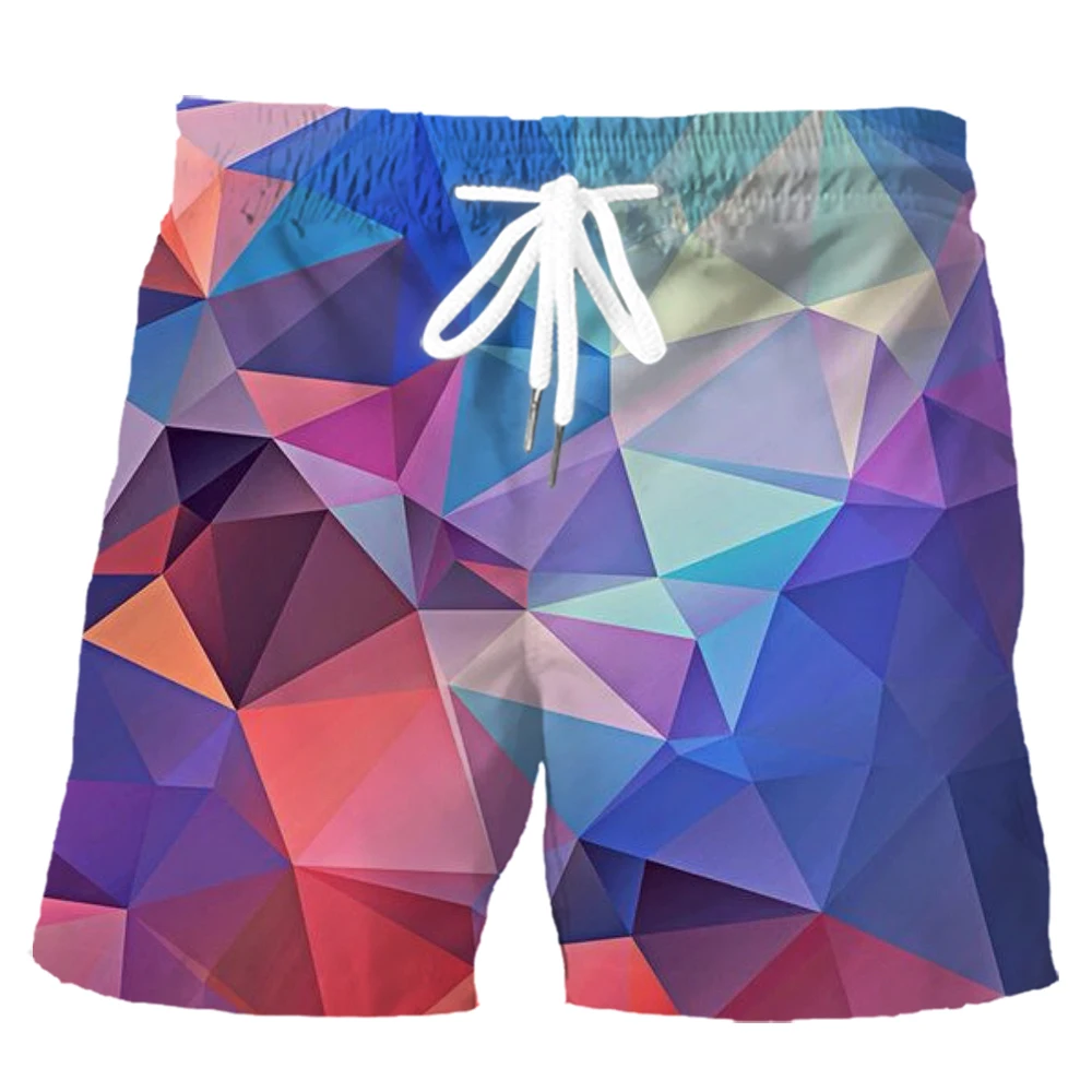 HX Fashion Mens Shorts Square Splicing 3D Printed Sports Wear Summer Casual Pockets Polyester Board Pants Men Clothing