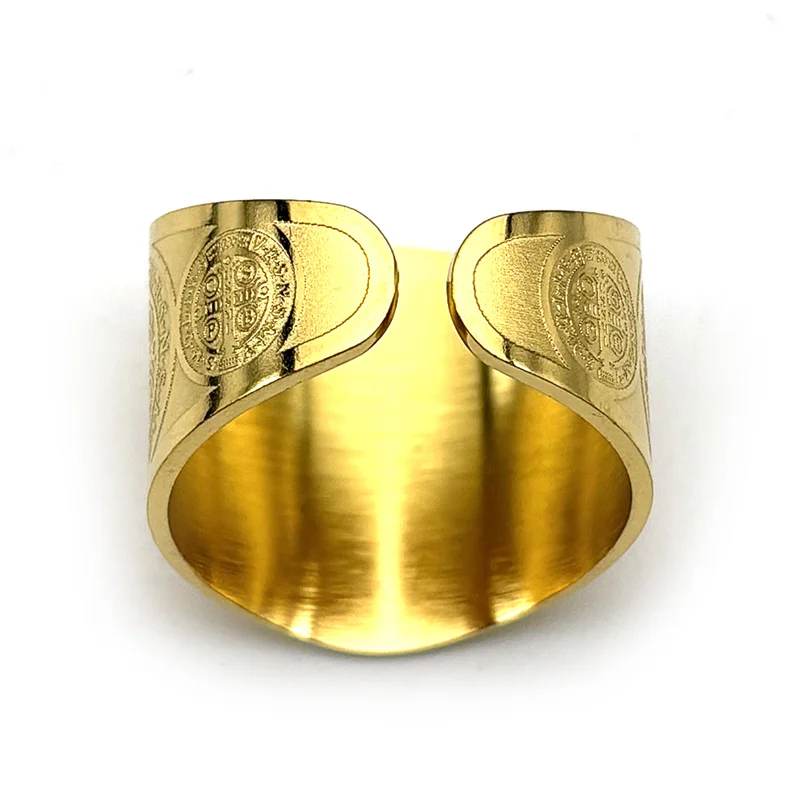 Catholic Saint Benedict Adjustable Finger Rings for Women Men Stainless Steel Gold Color Open Ring Amulet San Benito Jewelry