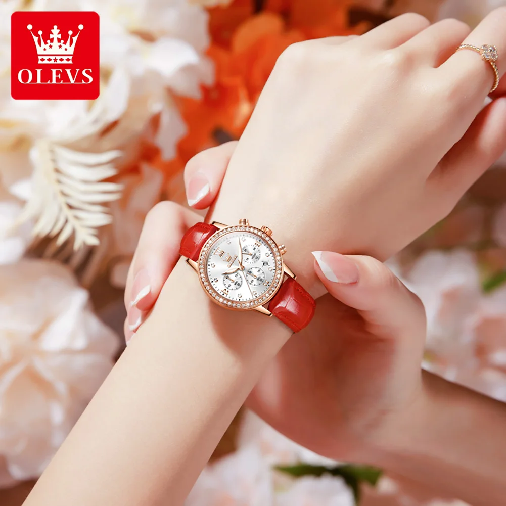 Olevs top marca relógios das mulheres de luxo diamante senhoras relógio de pulso de quartzo pulseira de couro à prova d\' água relógio multifunções