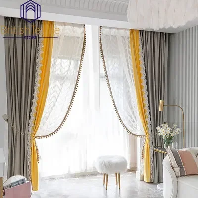 

High-end French Velvet Lace Stitching Blackout Curtains for Bedroom Living Room Finished Product Customization Home Decor