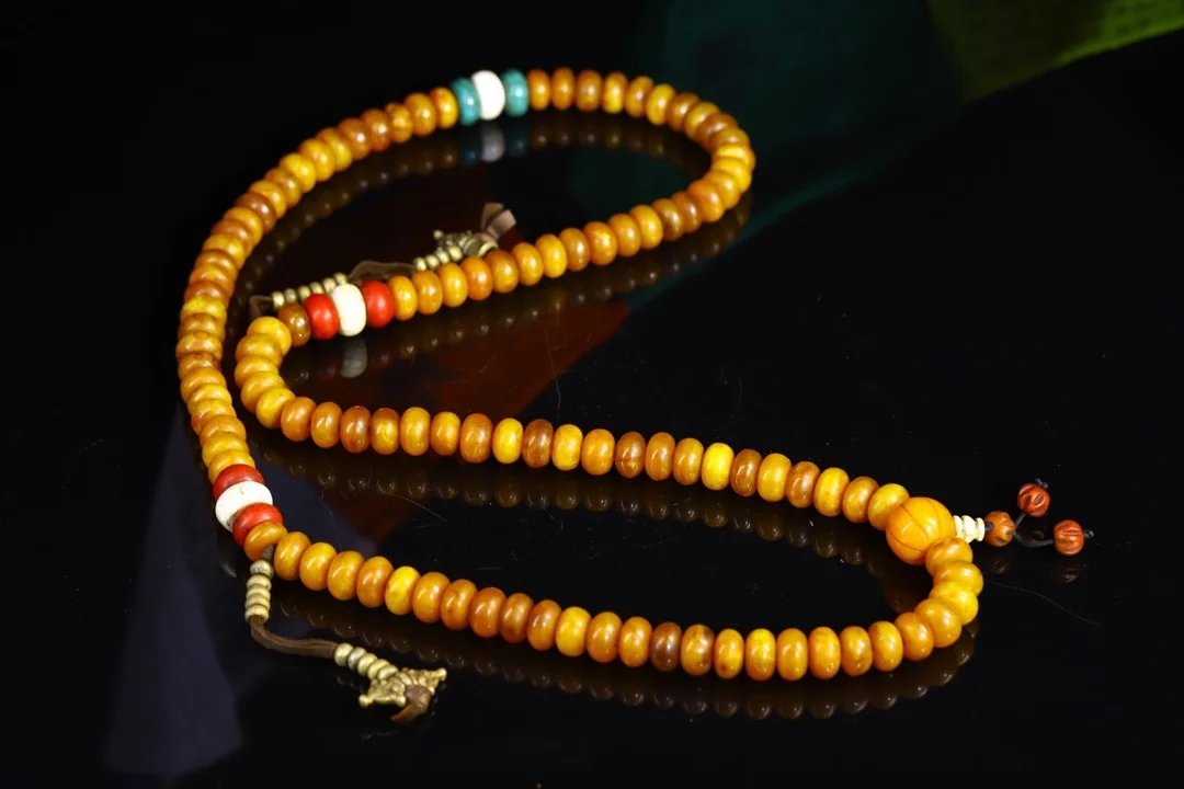 Temple Collection Old Natural Beeswax Mosaic Gem 108 Buddha Beads bead Necklace Dharma Amulet Town House Exorcism