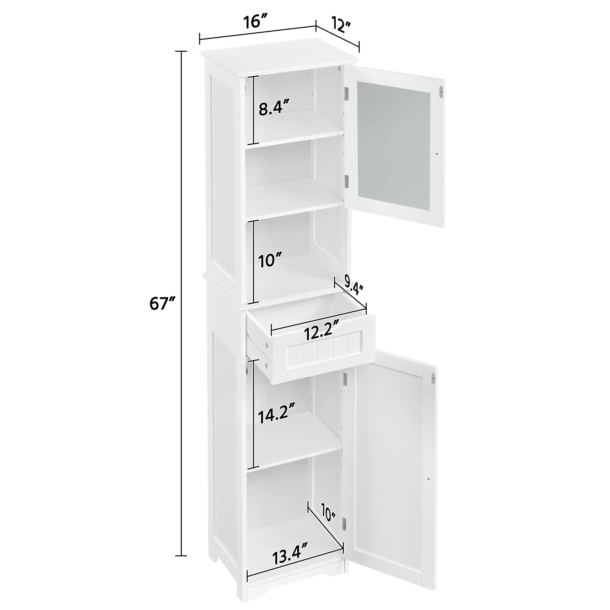 67” Tall Narrow Floor Cabinet, Slim Bathroom Storage Organizer with 2 Doors, 1 Drawer and Adjustable Shelves, White