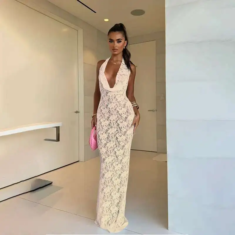 ชุดเดรสลูกไม้ซีทรูเว้าลึกแบบเซ็กซี่สำหรับงานปาร์ตี้ สายคล้องคอ เปิดหลัง ทรงเข้ารูป ยาว สง่างาม สำหรับผู้หญิง ฤดูร้อน 2024