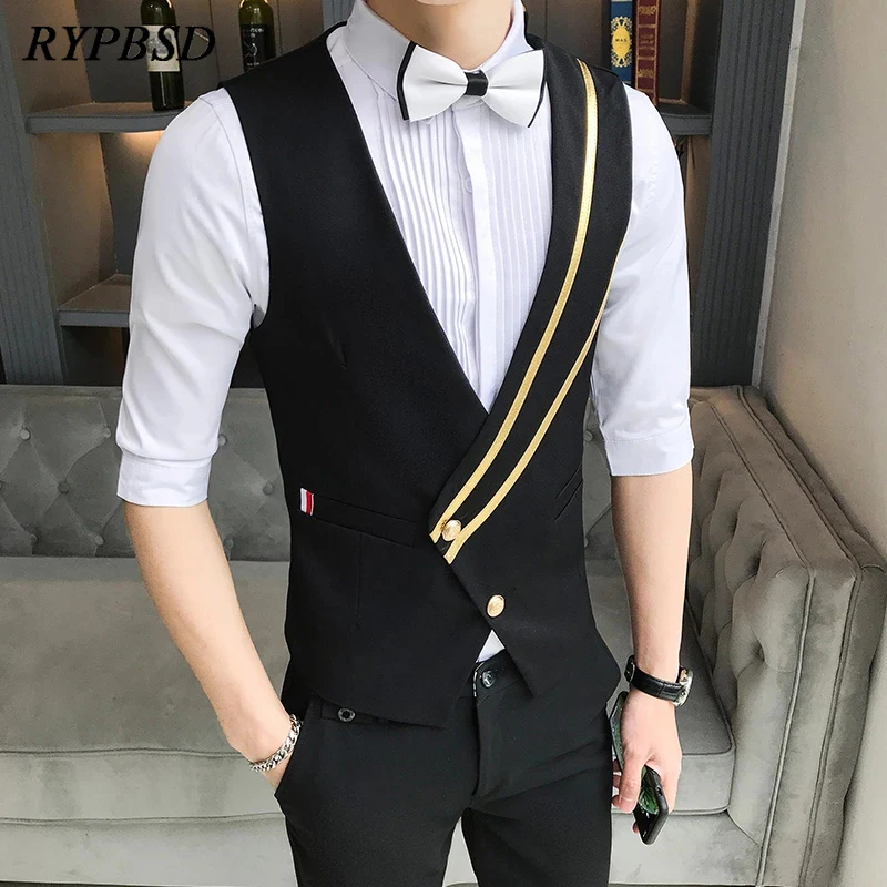 Business Casual Suit Vest for Men Formal Single Breasted Bar Waiter Work Uniform Nightclub Slim Fit Wedding Black Dress Vest Man